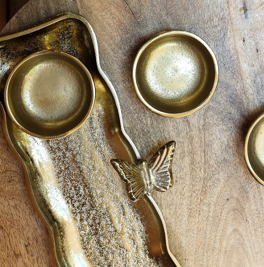 Decorative Gold Tray with Butterfly Design and Serving Bowls