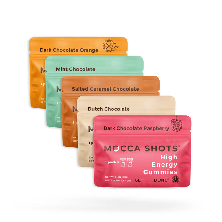 Mocca Shots High Energy Gummies showing all available flavors in the variety pack