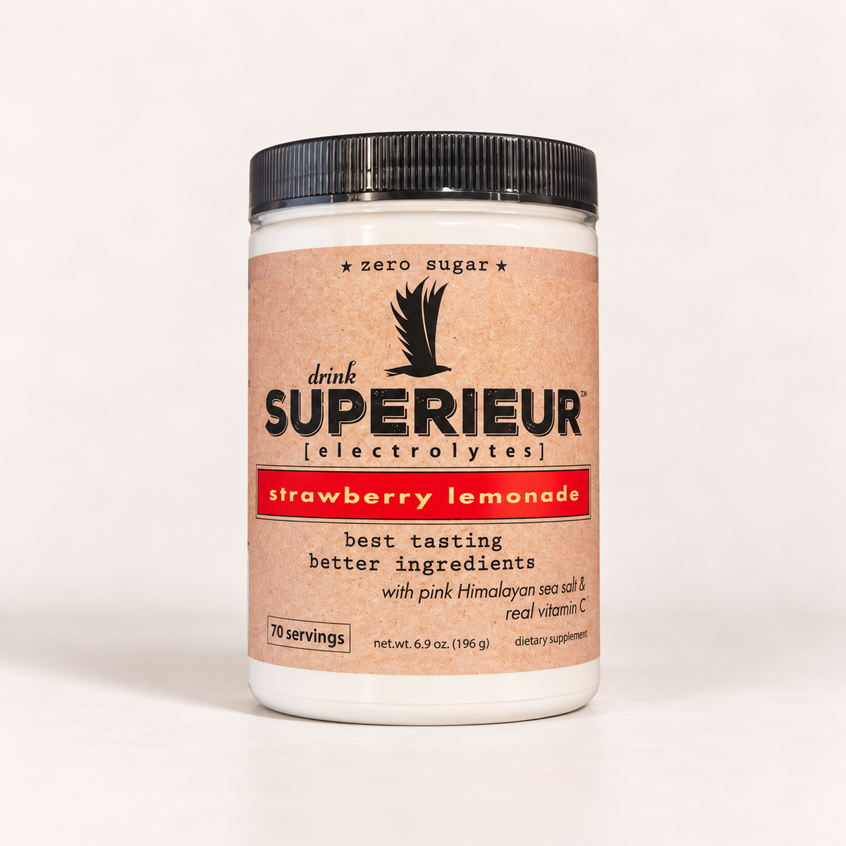 A white plastic tub of drink SUPERIEUR electrolytes in strawberry lemonade flavor, featuring a kraft-paper style label with a black logo and a red flavor banner, set against a plain white background.