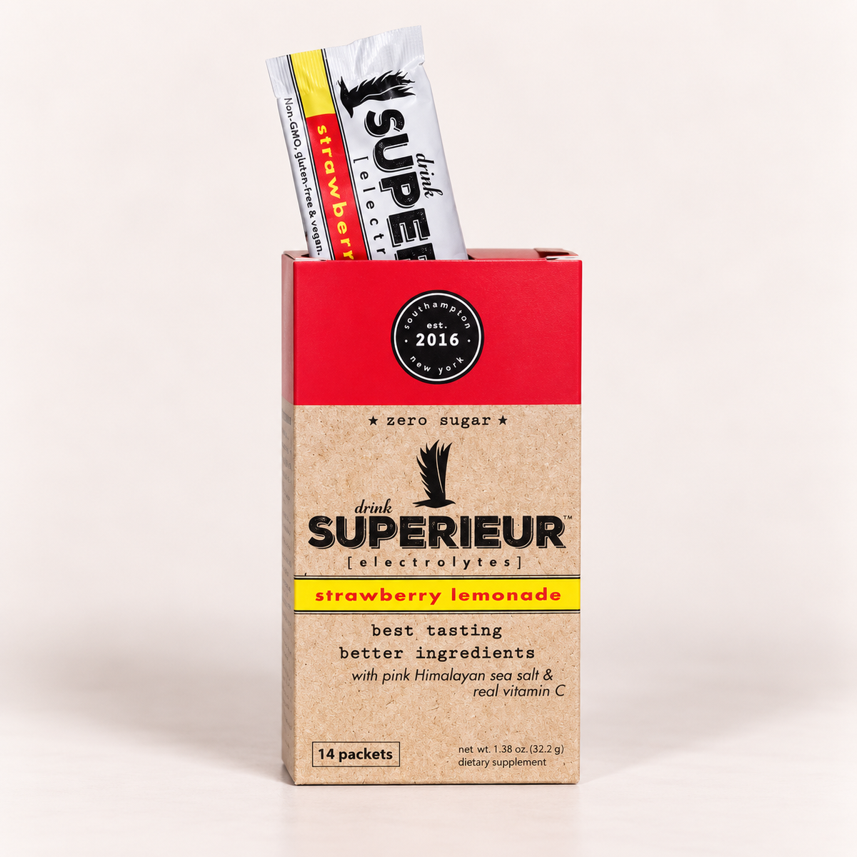 A box of drink SUPERIEUR electrolyte packets with a strawberry lemonade flavor, featuring a kraft paper design with a red top section and a yellow accent band