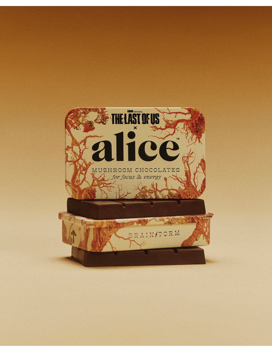 Alice Mushroom Brainstorm chocolate bites in special edition The Last of Us tin, promoting focus and cognitive clarity