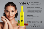 DUOLIFE Vita C supplement bottle with benefits and usage instructions highlighting immune support, collagen production, antioxidant protection, and daily recommended dosage