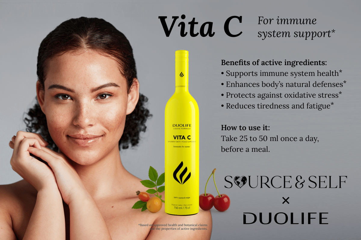 DUOLIFE Vita C supplement bottle with benefits and usage instructions highlighting immune support, collagen production, antioxidant protection, and daily recommended dosage