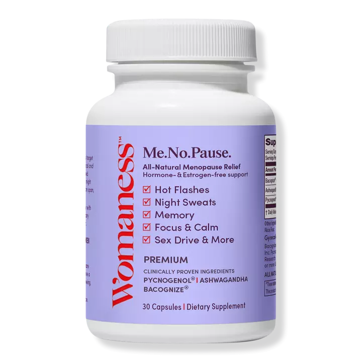 Womaness Me.No.Pause supplement bottle front view for menopause relief, natural hormone-free formula