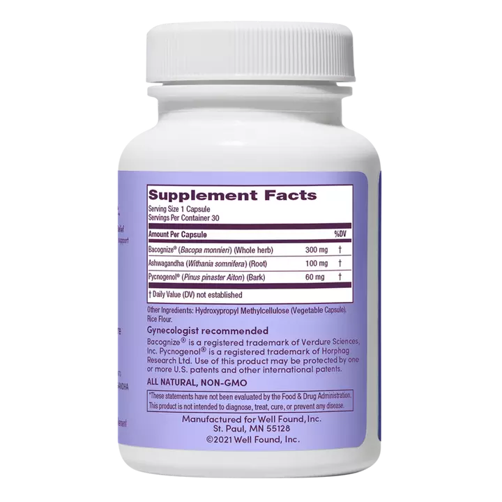 Womaness Me.No.Pause supplement bottle back view showing supplement facts and ingredients for menopause relief